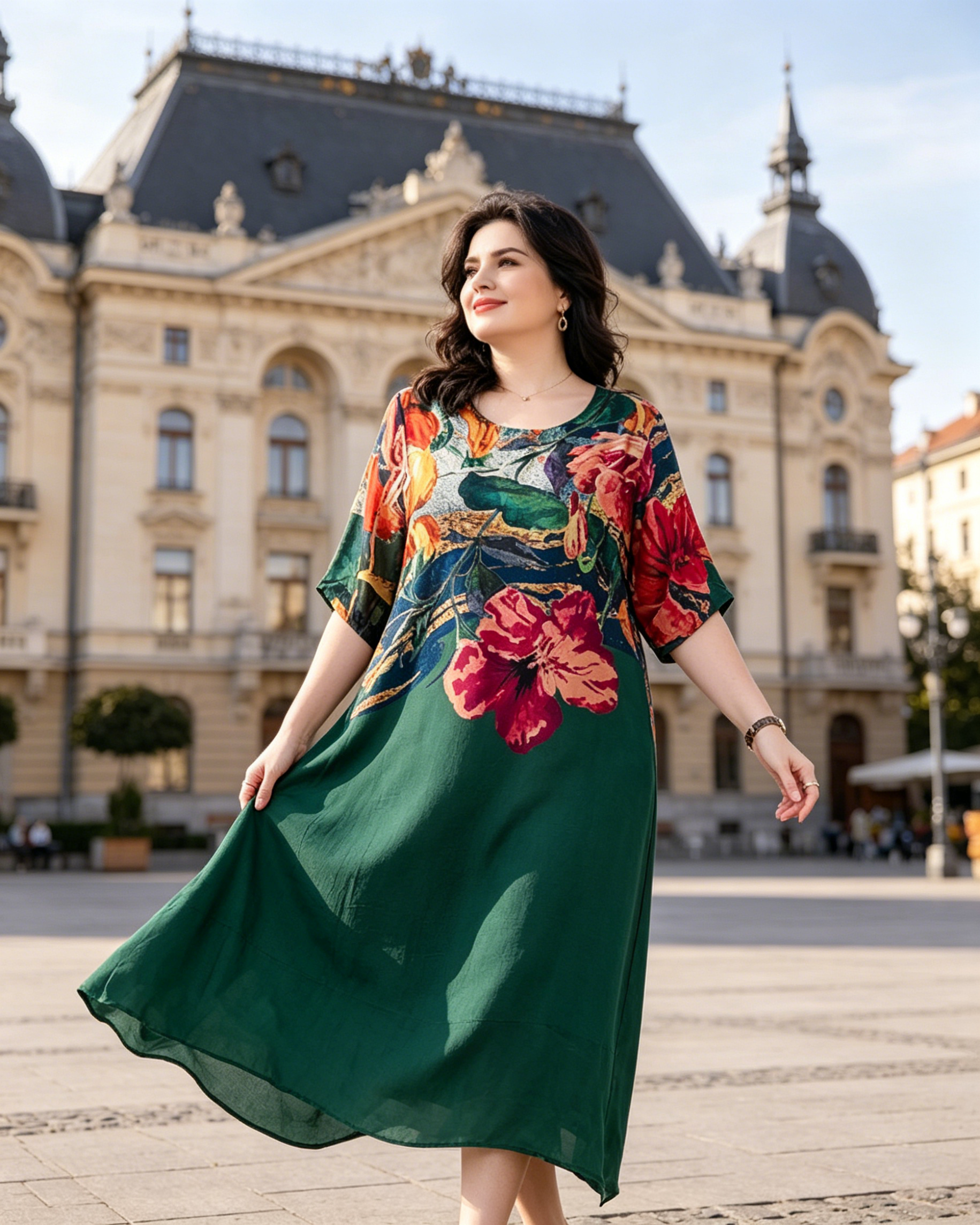 Eleganta sieviešu ziedaina lielo izmēru kleita