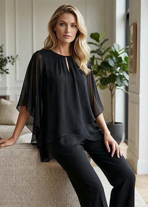 Elegants, sievišķīgs, platu bikšu komplekts