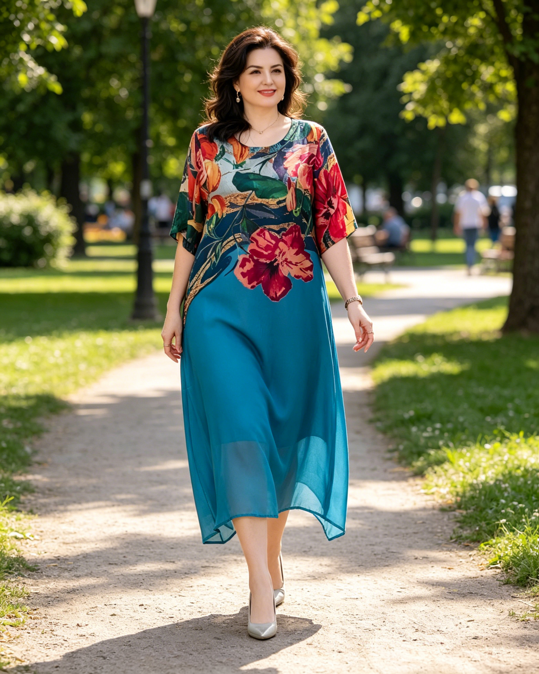 Eleganta sieviešu ziedaina lielo izmēru kleita