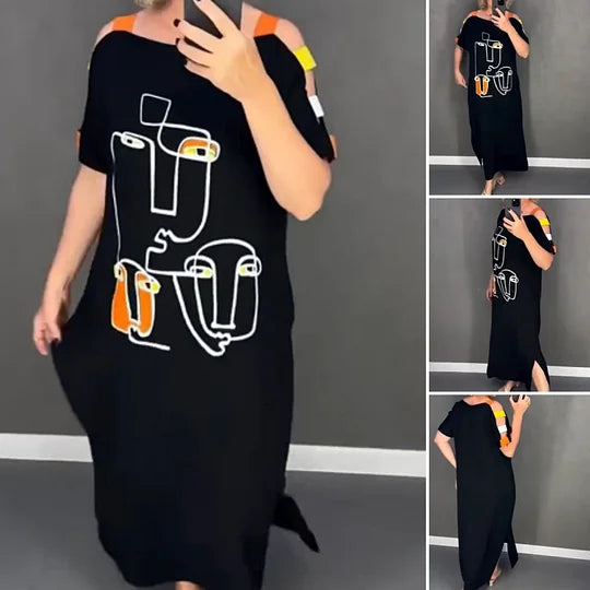 Melna īsroku kleita ar rakstu
